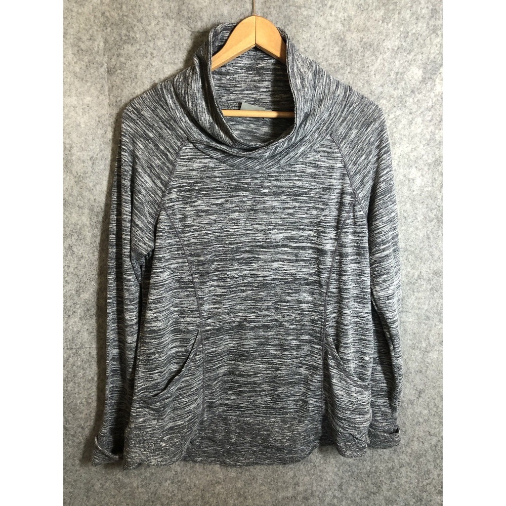 Athleta Shirt L Gray Cowl Neck Kangaroo‎ Pockets Performance Stretch Athleisure